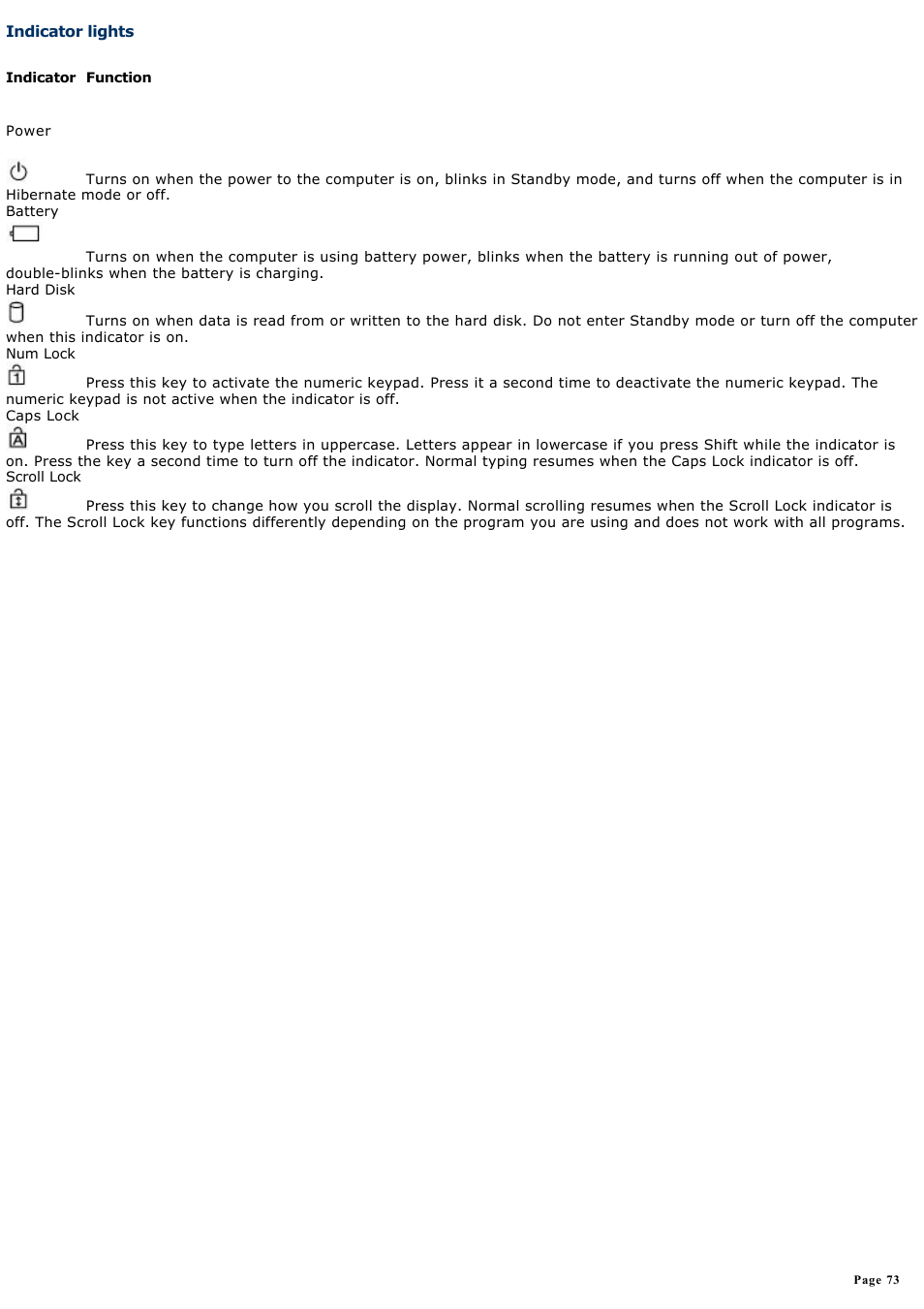 Indicator lights | Sony PCG-FRV25 User Manual | Page 73 / 124