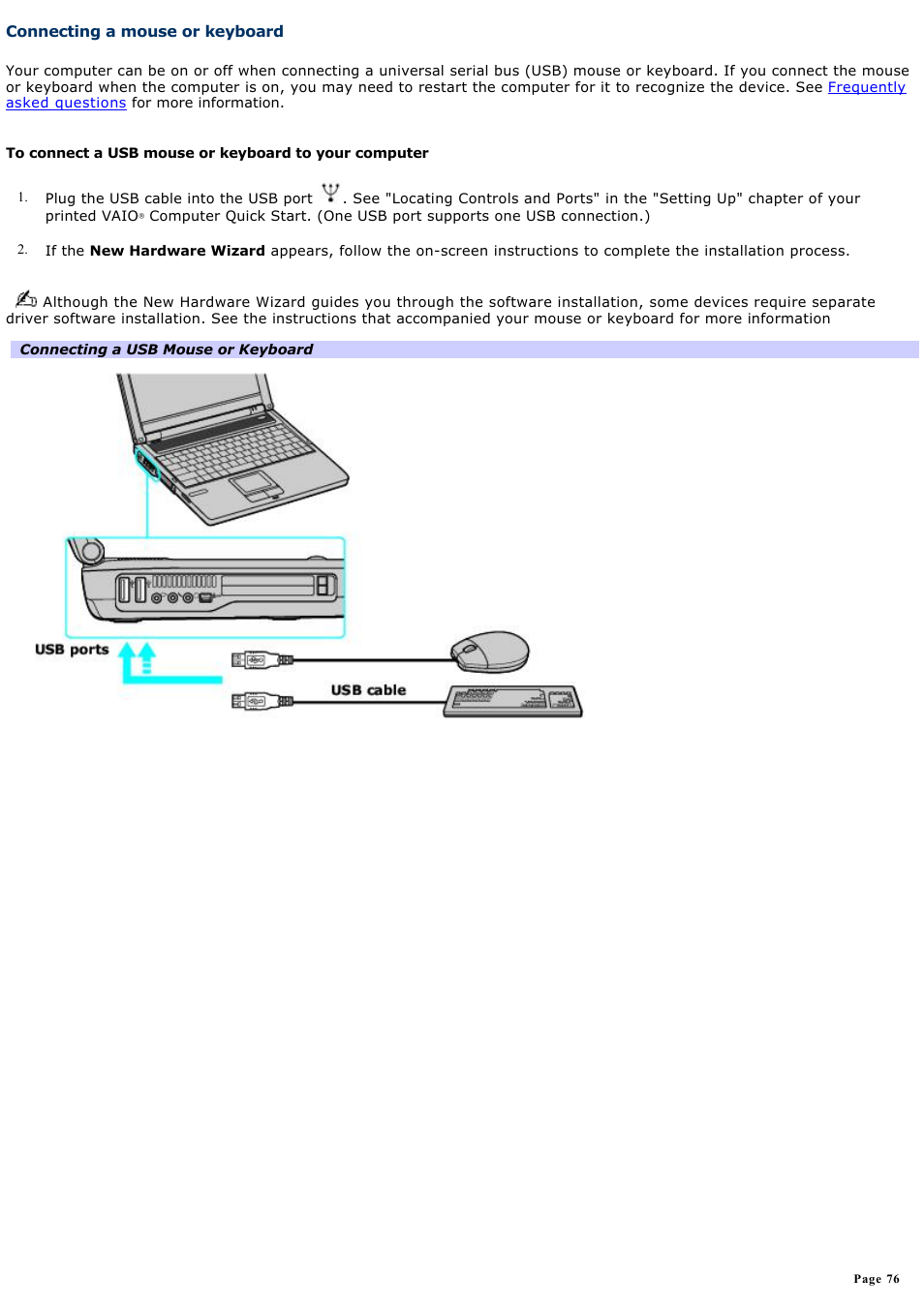 Connecting a mouse or keyboard | Sony PCG-FRV25 User Manual | Page 76 / 124