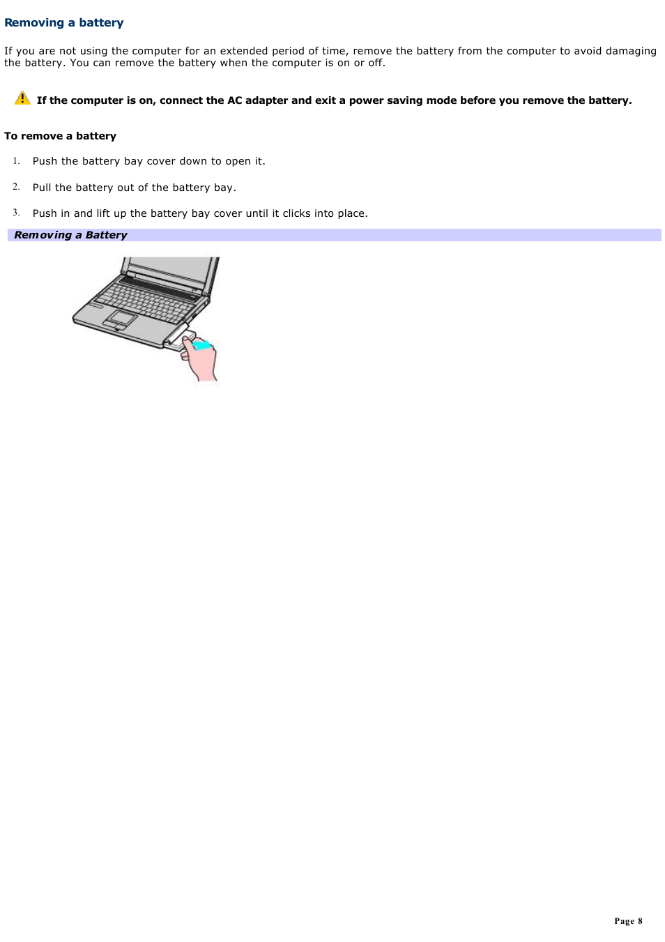 Removing a battery | Sony PCG-FRV25 User Manual | Page 8 / 124