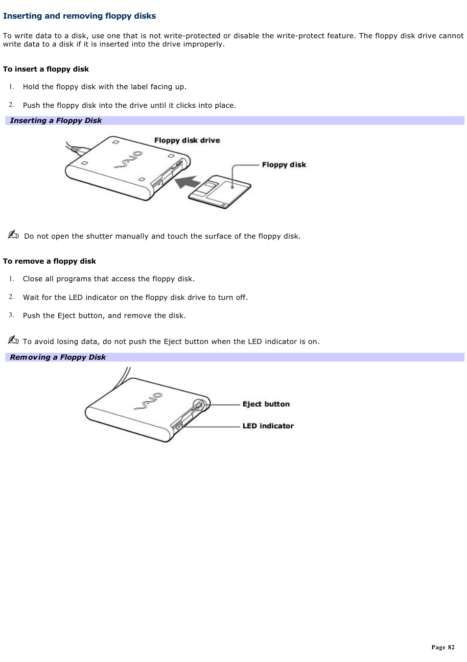 Inserting and removing floppy disks | Sony PCG-FRV25 User Manual | Page 82 / 124