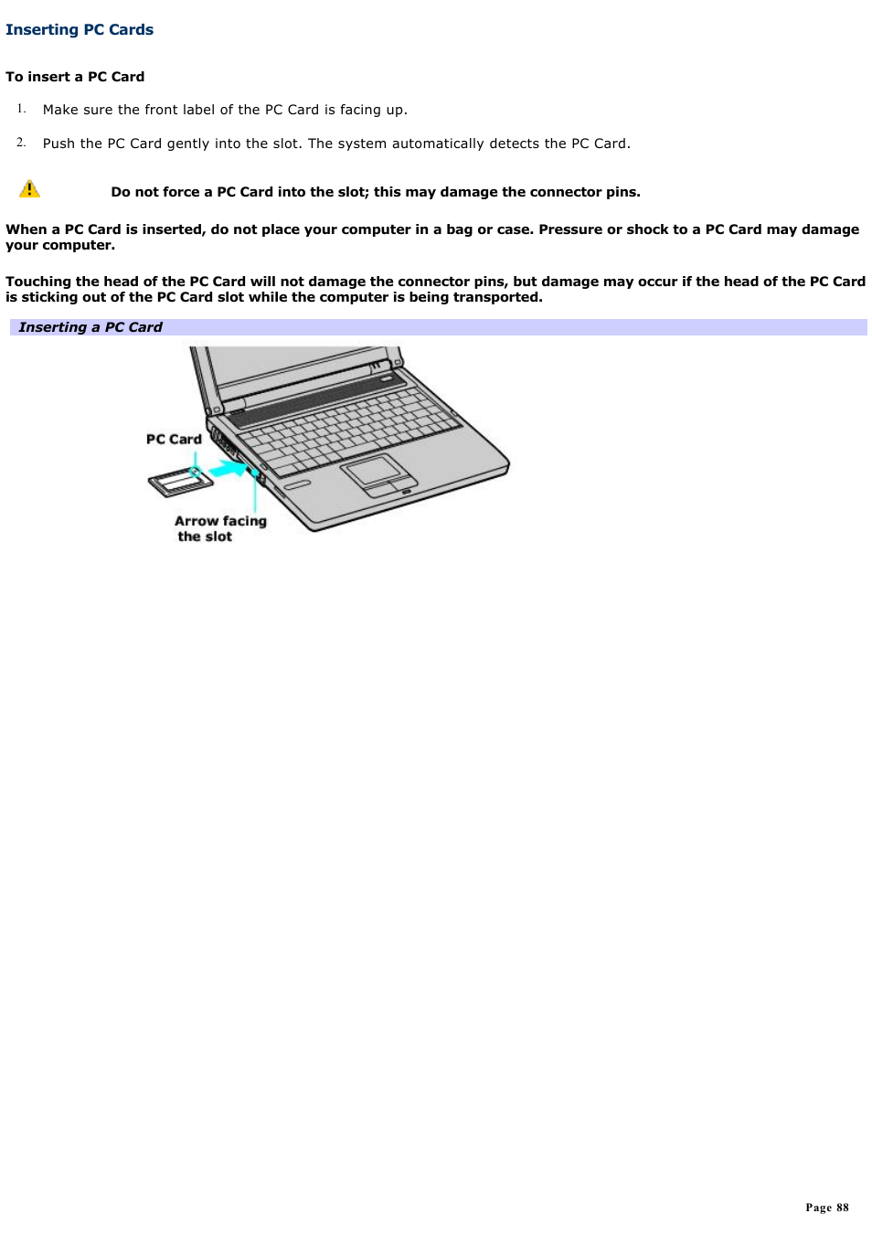 Inserting pc cards | Sony PCG-FRV25 User Manual | Page 88 / 124