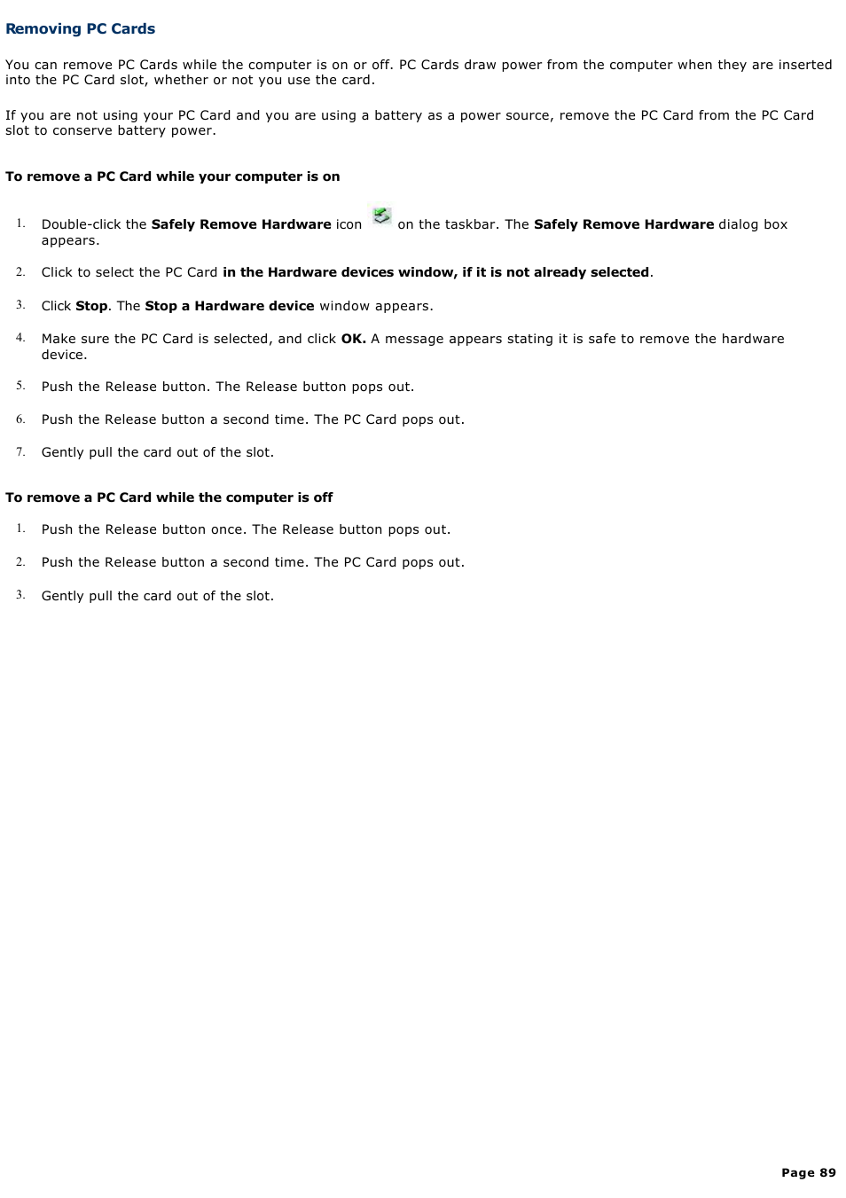 Removing pc cards | Sony PCG-FRV25 User Manual | Page 89 / 124