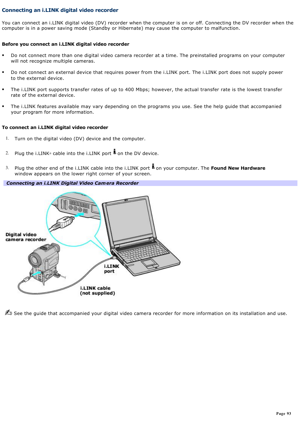 Connecting an i.link digital video recorder | Sony PCG-FRV25 User Manual | Page 93 / 124