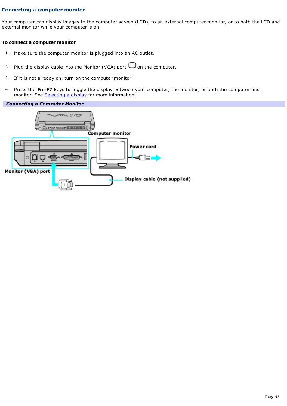 Connecting a computer monitor | Sony PCG-FRV25 User Manual | Page 98 / 124