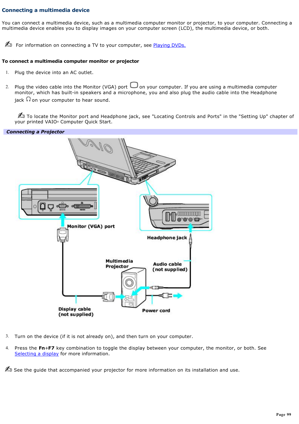 Connecting a multimedia device | Sony PCG-FRV25 User Manual | Page 99 / 124