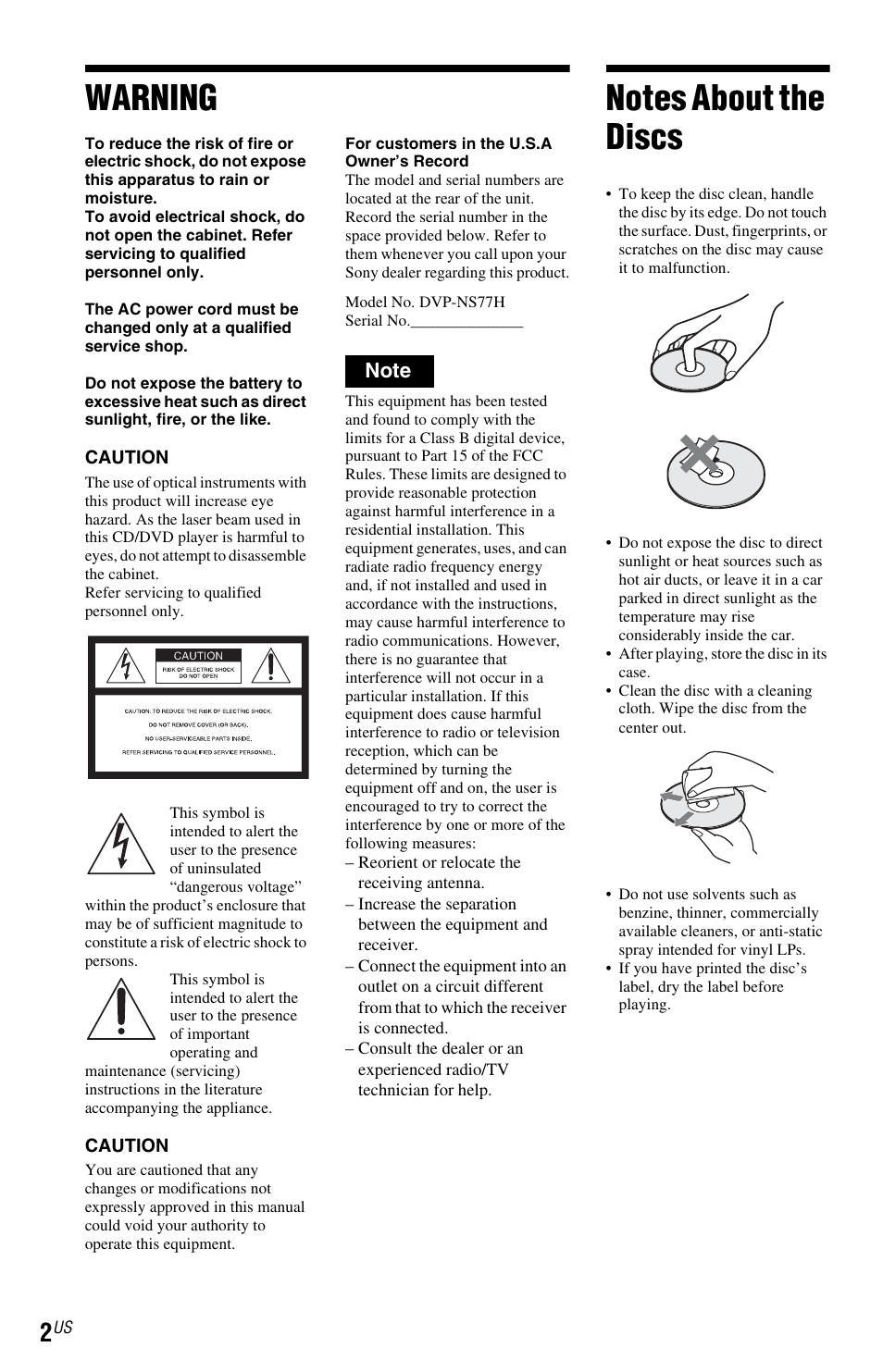 L1ac - warning, L1 - notes about the discs, Warning | Sony DVP-NS77H User Manual | Page 2 / 88