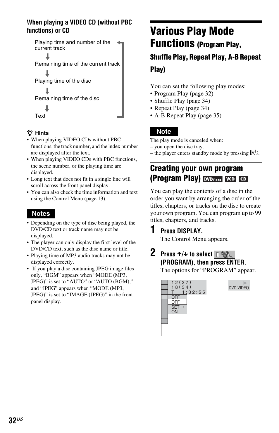 Various play mode functions, Creating your own program (program play) | Sony DVP-NS77H User Manual | Page 32 / 88