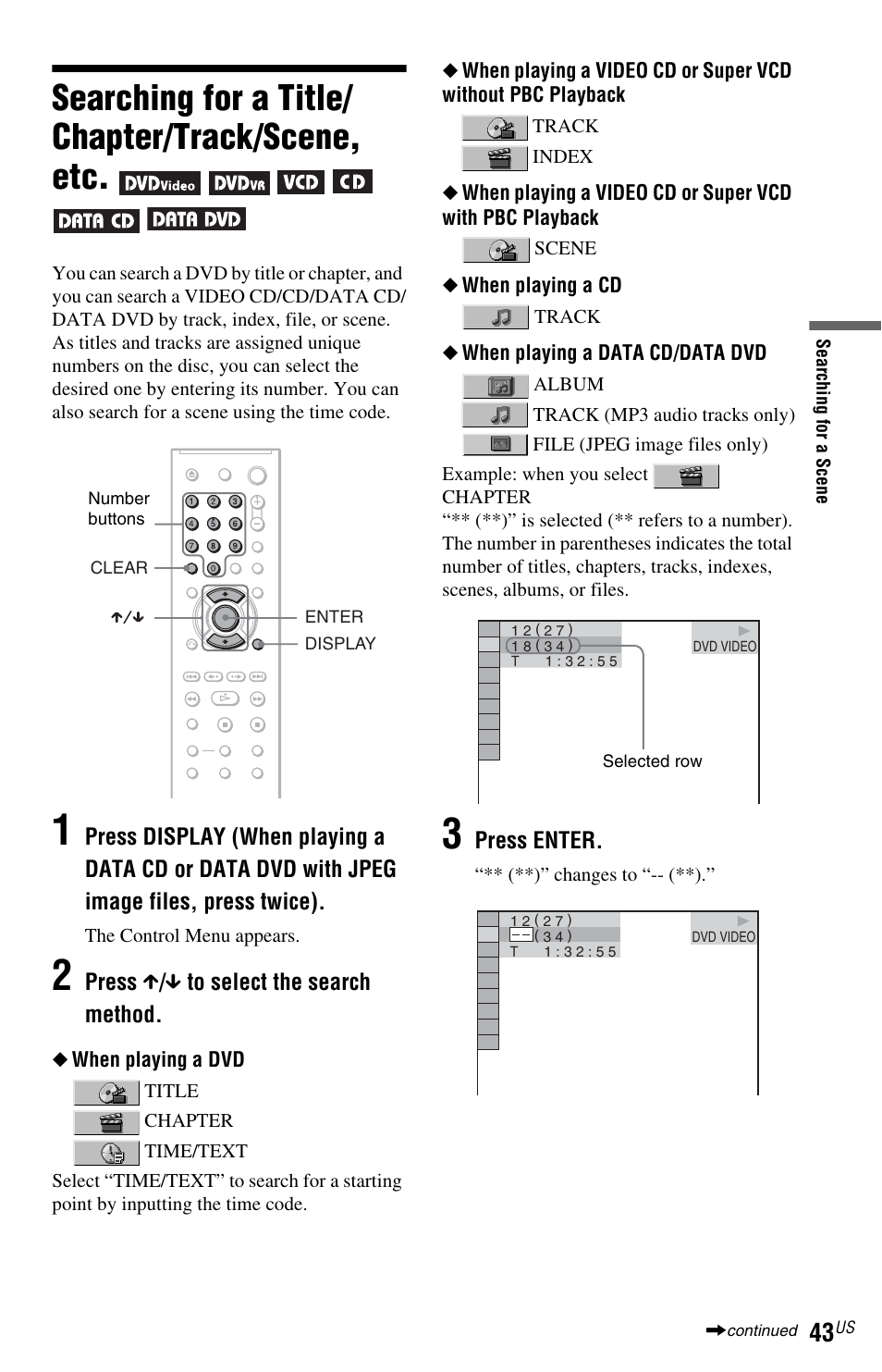 Searching for a title/chapter/track/scene, etc, Searching for a title/ chapter/track/scene, etc | Sony DVP-NS77H User Manual | Page 43 / 88