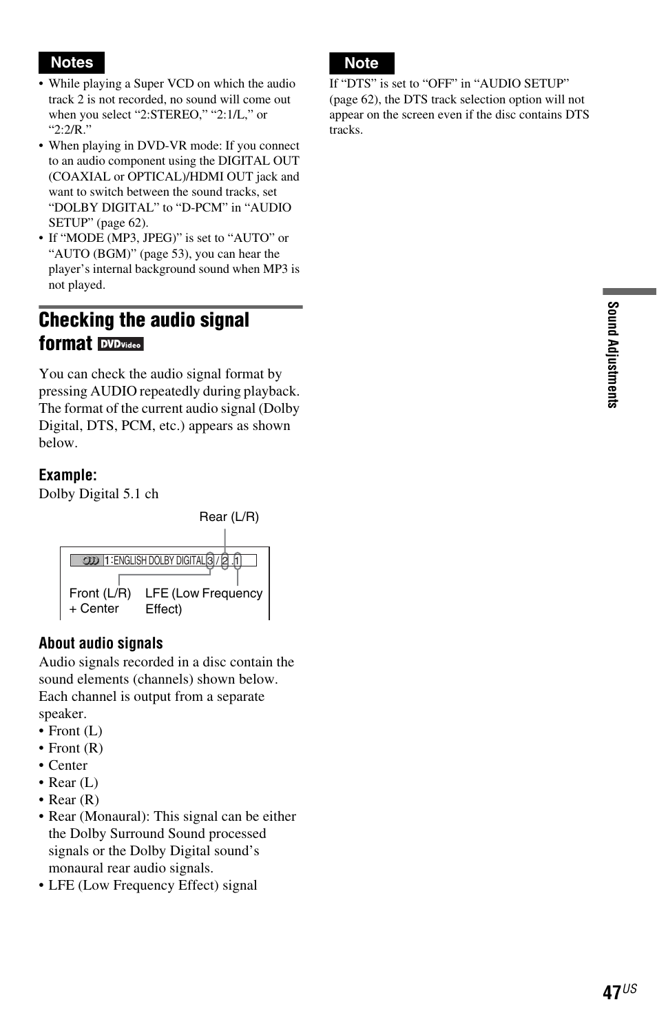Checking the audio signal format | Sony DVP-NS77H User Manual | Page 47 / 88