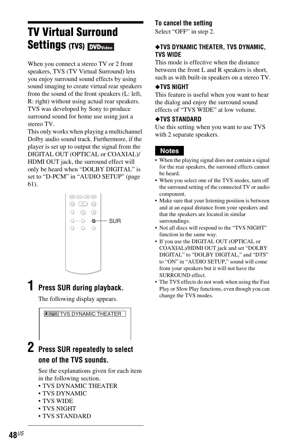 L1 - tv virtual surround settings (tvs), Tv virtual surround settings (tvs), Tv virtual surround settings | Sony DVP-NS77H User Manual | Page 48 / 88