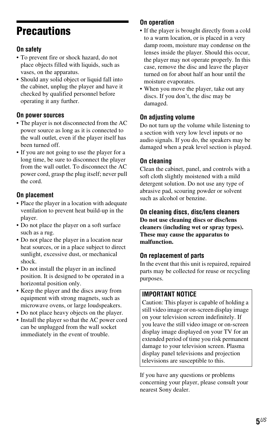L1 - precautions, Precautions | Sony DVP-NS77H User Manual | Page 5 / 88