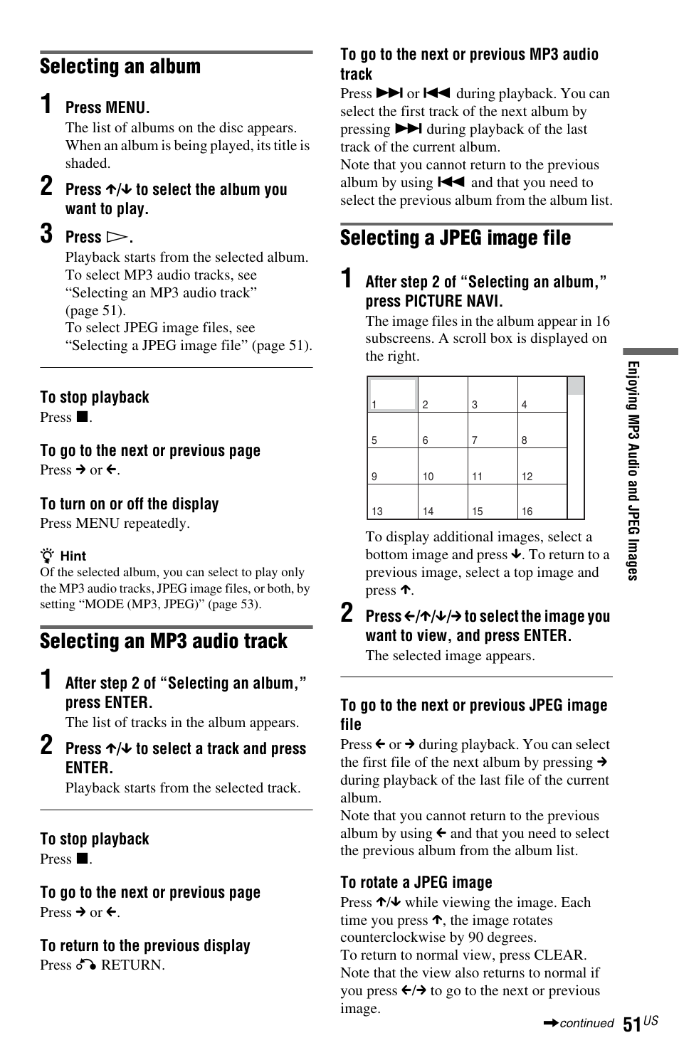 Selecting an album, Selecting an mp3 audio track, Selecting a jpeg image file | Sony DVP-NS77H User Manual | Page 51 / 88
