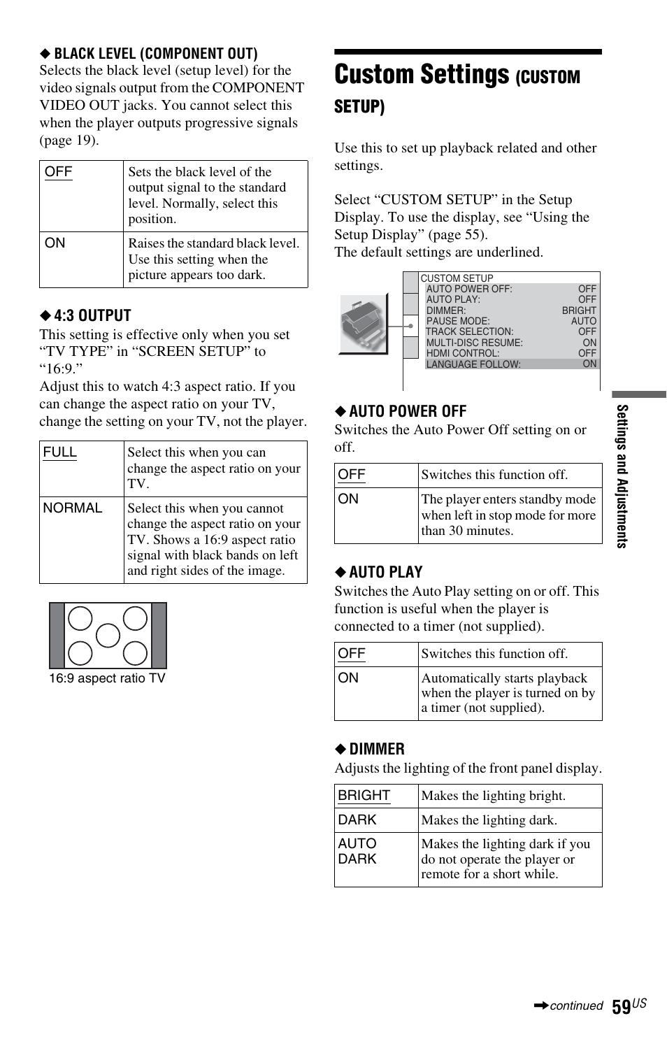 L1 - custom settings (custom setup), Custom settings (cus, Custom settings | Custom setup) | Sony DVP-NS77H User Manual | Page 59 / 88