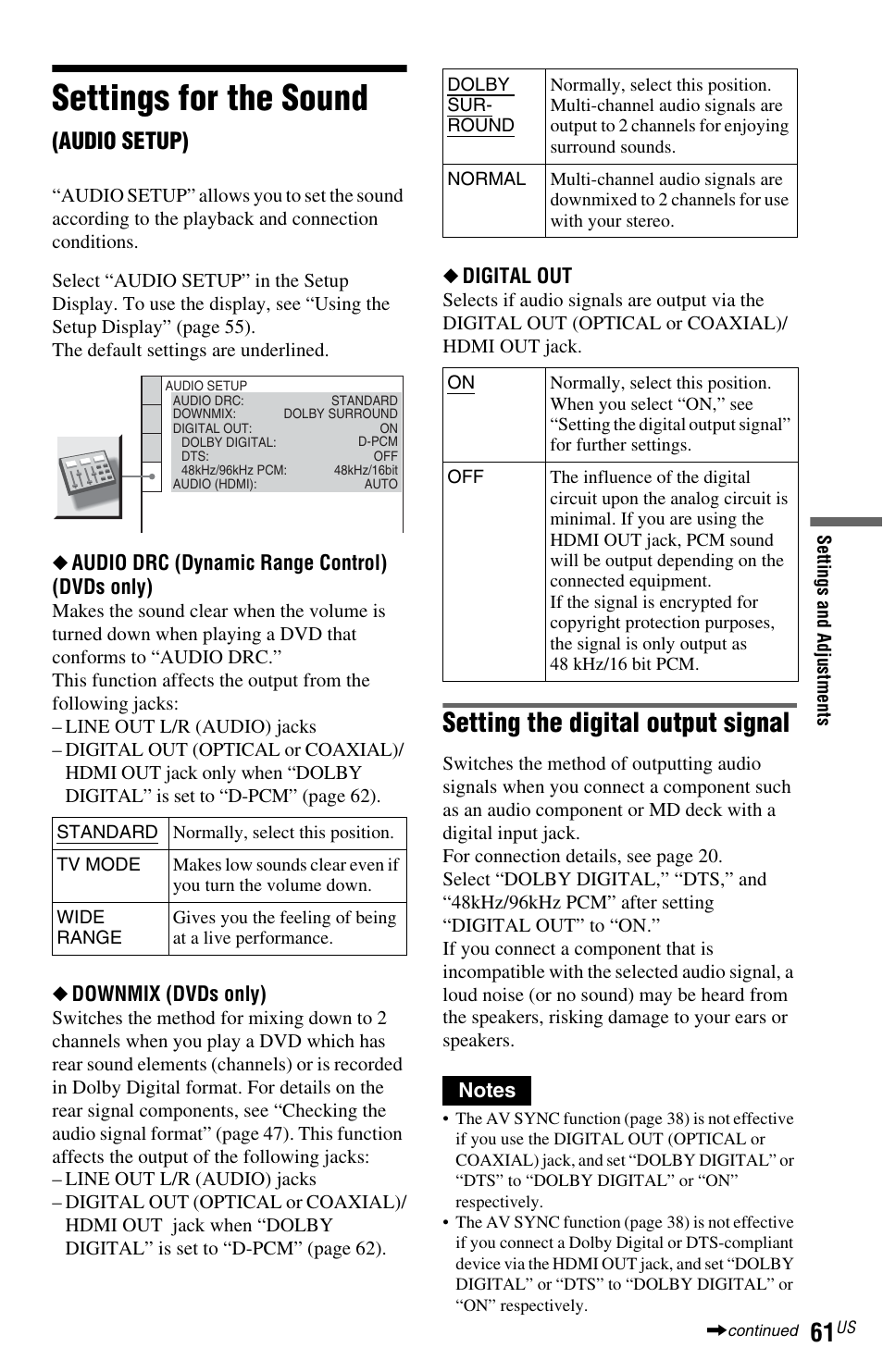 L1 - settings for the sound (audio setup), Settings for the sound (a, Settings for the sound | Setting the digital output signal, Audio setup) | Sony DVP-NS77H User Manual | Page 61 / 88