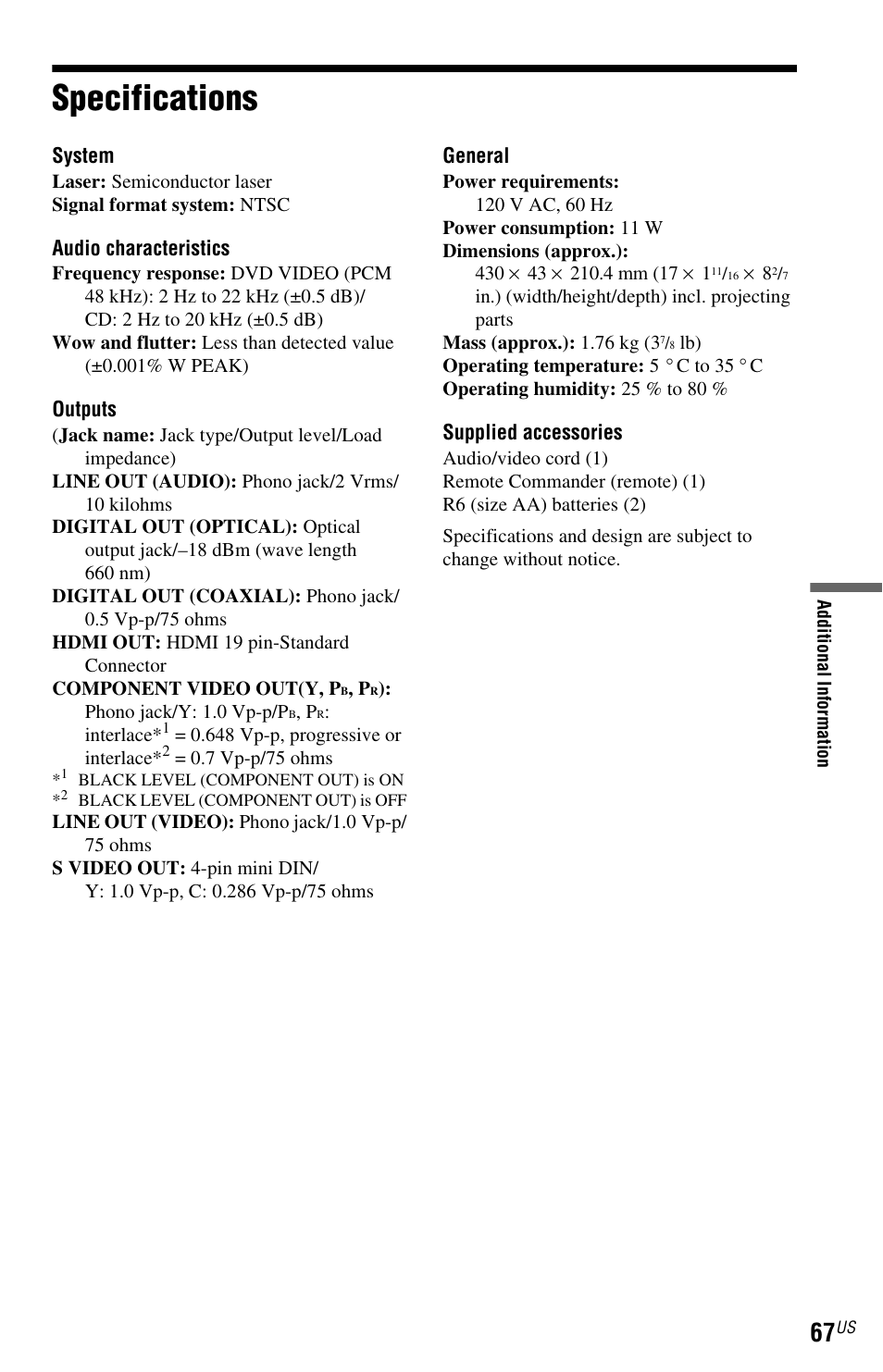 L1ac - specifications, Specifications | Sony DVP-NS77H User Manual | Page 67 / 88
