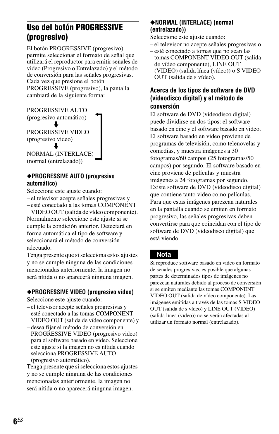 Uso del botón progressive (progresivo) | Sony DVP-NS77H User Manual | Page 76 / 88