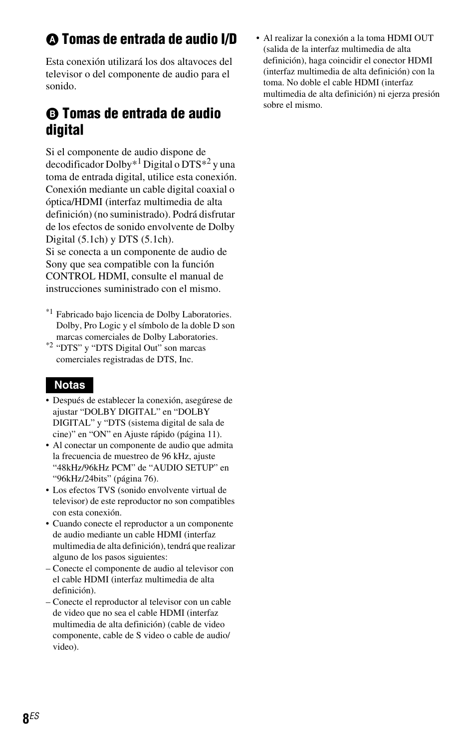 Tomas de entrada de audio i/d, Tomas de entrada de audio digital | Sony DVP-NS77H User Manual | Page 78 / 88