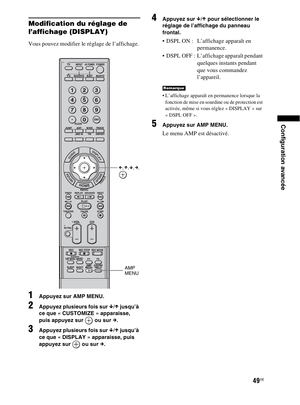 Modification du réglage de l’affichage (display), Vous pouvez modifier le réglage de l’affichage, Le menu amp est désactivé | Sony RHT-S10 User Manual | Page 101 / 164