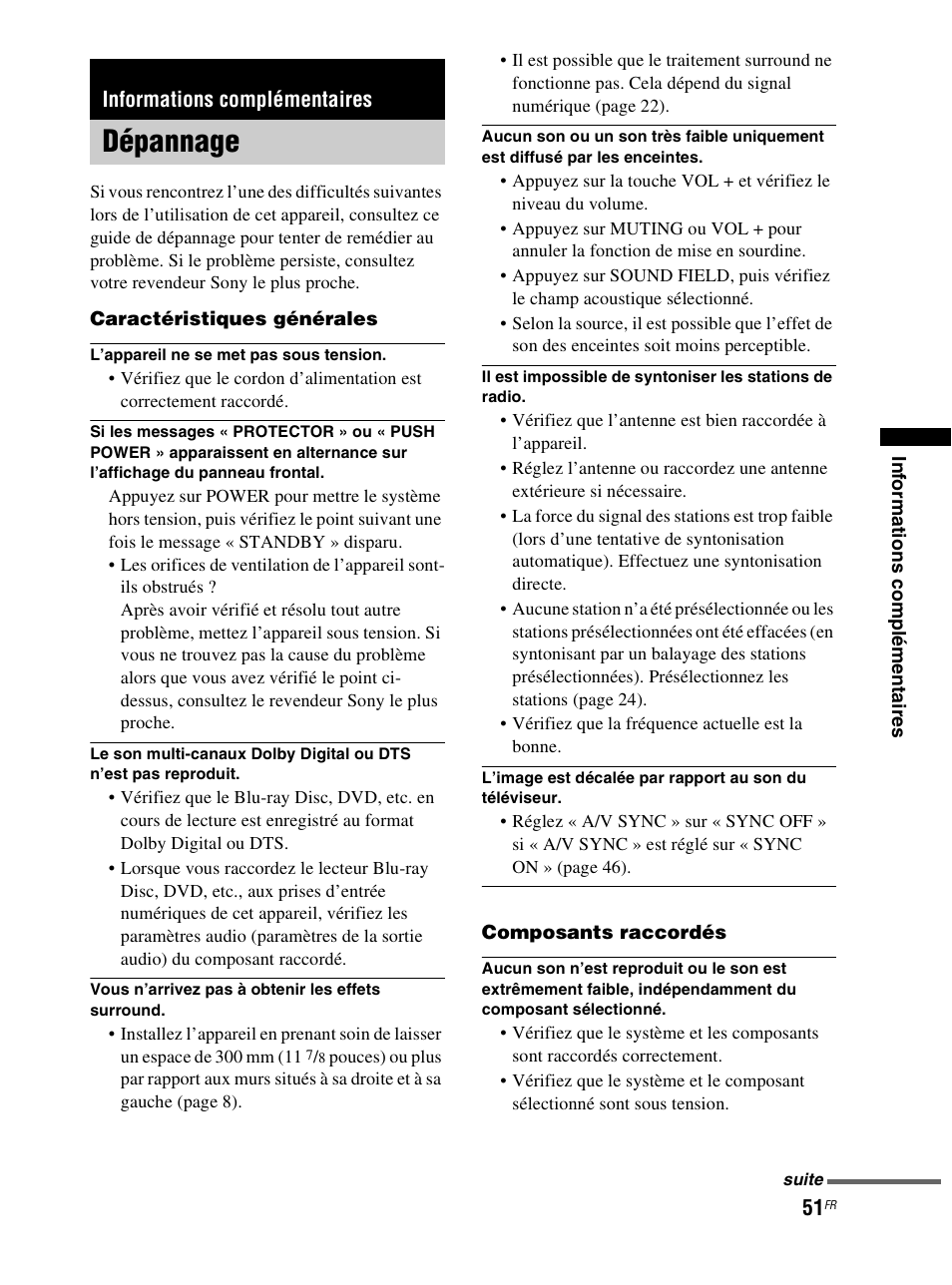 Informations complémentaires, Dépannage | Sony RHT-S10 User Manual | Page 103 / 164