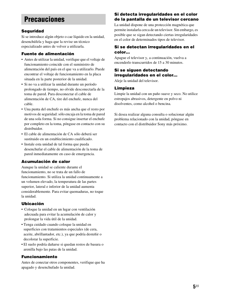 Precauciones | Sony RHT-S10 User Manual | Page 113 / 164