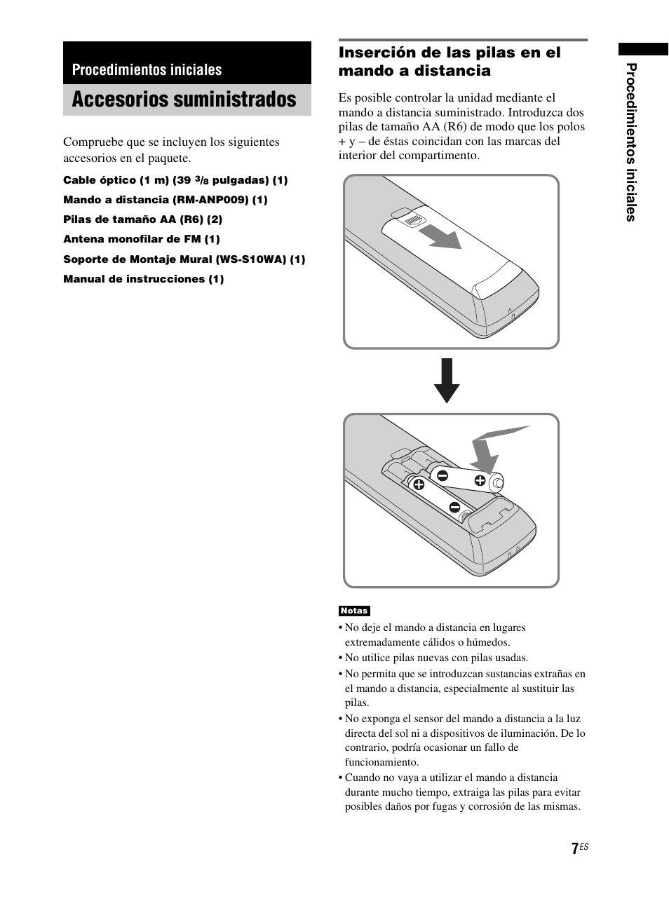 Procedimientos iniciales, Accesorios suministrados, Inserción de las pilas en el mando a distancia | Sony RHT-S10 User Manual | Page 115 / 164