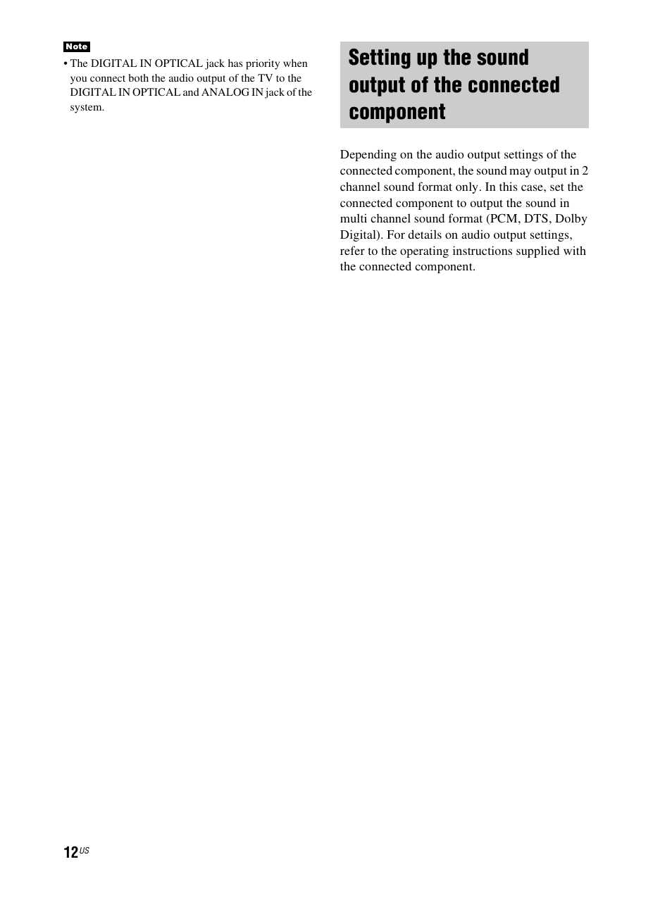 Setting up the sound output of the, Connected component | Sony RHT-S10 User Manual | Page 12 / 164