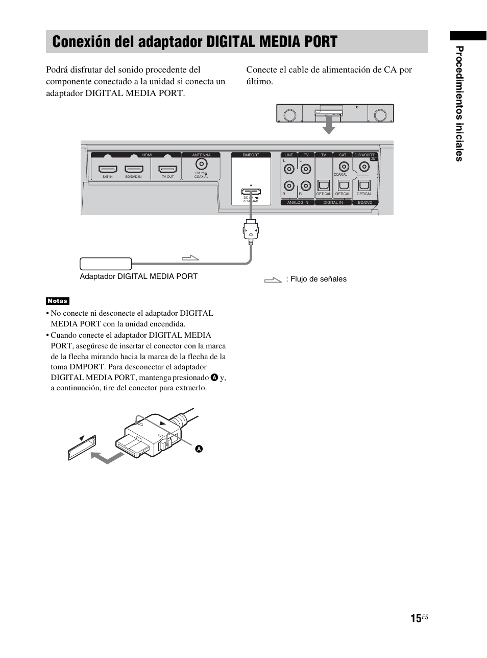 Conexión del adaptador digital media port, Conexión del adaptador digital, Media port | Pr o ced imie ntos inic iale s | Sony RHT-S10 User Manual | Page 123 / 164