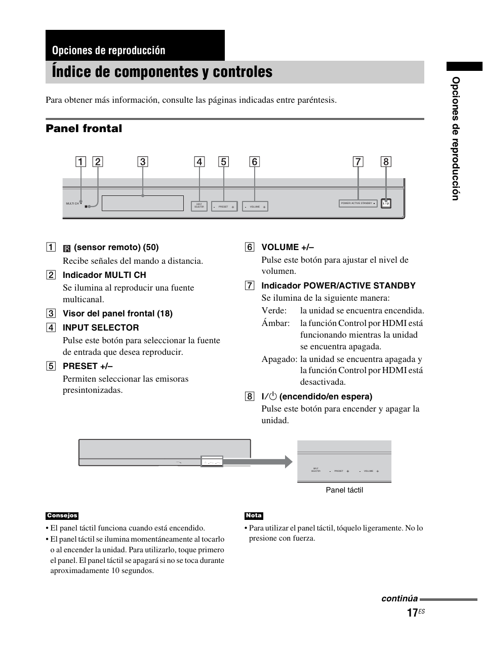 Opciones de reproducción, Índice de componentes y controles, Panel frontal | Op cio n es de re pr od ucc ión | Sony RHT-S10 User Manual | Page 125 / 164