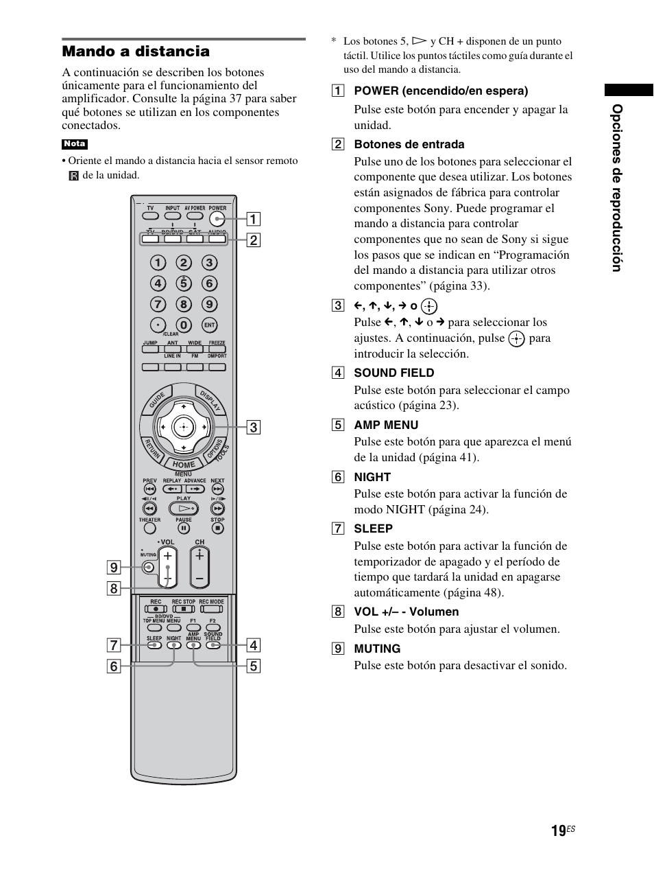 Mando a distancia, Op cio n es de re pr od ucc ión, Pulse este botón para encender y apagar la unidad | Pulse este botón para ajustar el volumen, Pulse este botón para desactivar el sonido, A power (encendido/en espera), B botones de entrada, C c , x , x , c o, D sound field, E amp menu | Sony RHT-S10 User Manual | Page 127 / 164