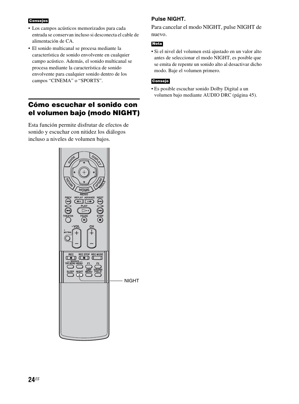 Para cancelar el modo night, pulse night de nuevo, Pulse night, Night | Sony RHT-S10 User Manual | Page 132 / 164
