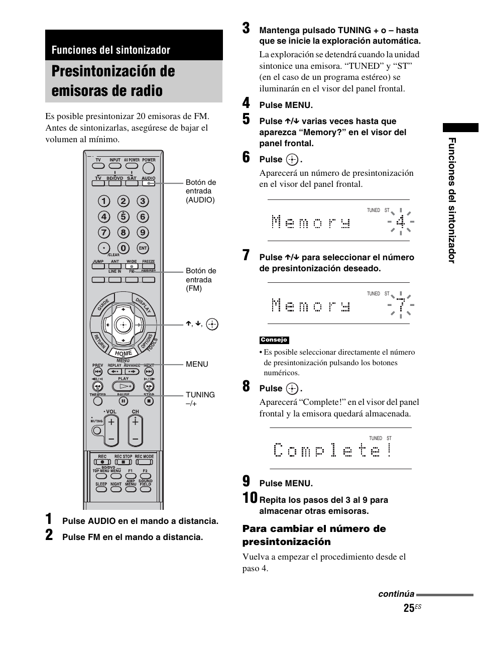 Funciones del sintonizador, Presintonización de emisoras de radio, D (25) | Para cambiar el número de presintonización | Sony RHT-S10 User Manual | Page 133 / 164