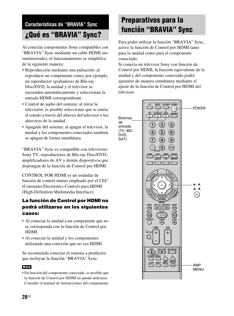 Características de “bravia” sync, Qué es “bravia” sync, Preparativos para la función “bravia” sync | Sync | Sony RHT-S10 User Manual | Page 136 / 164
