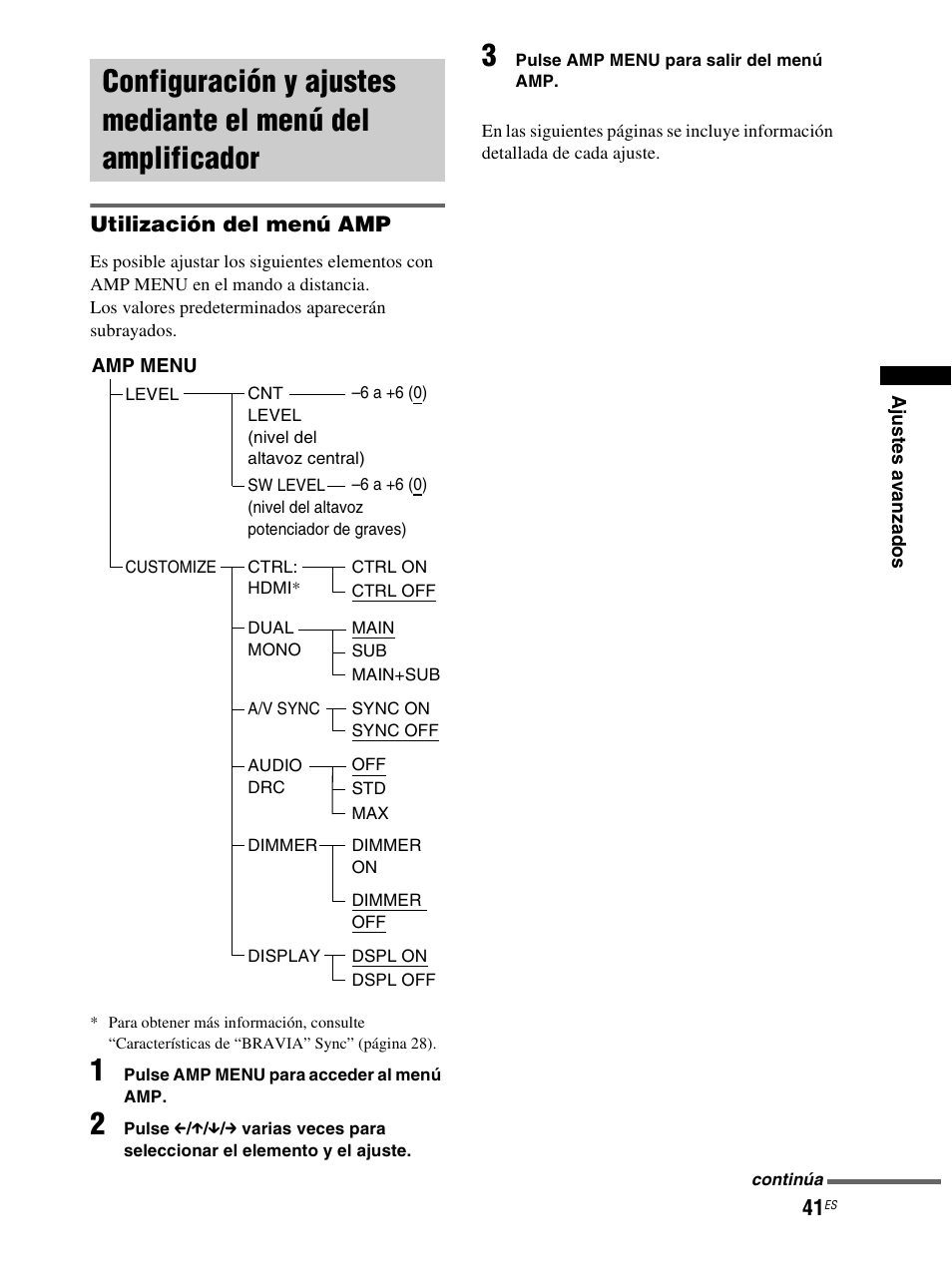 Configuración y ajustes mediante el menú, Del amplificador | Sony RHT-S10 User Manual | Page 149 / 164