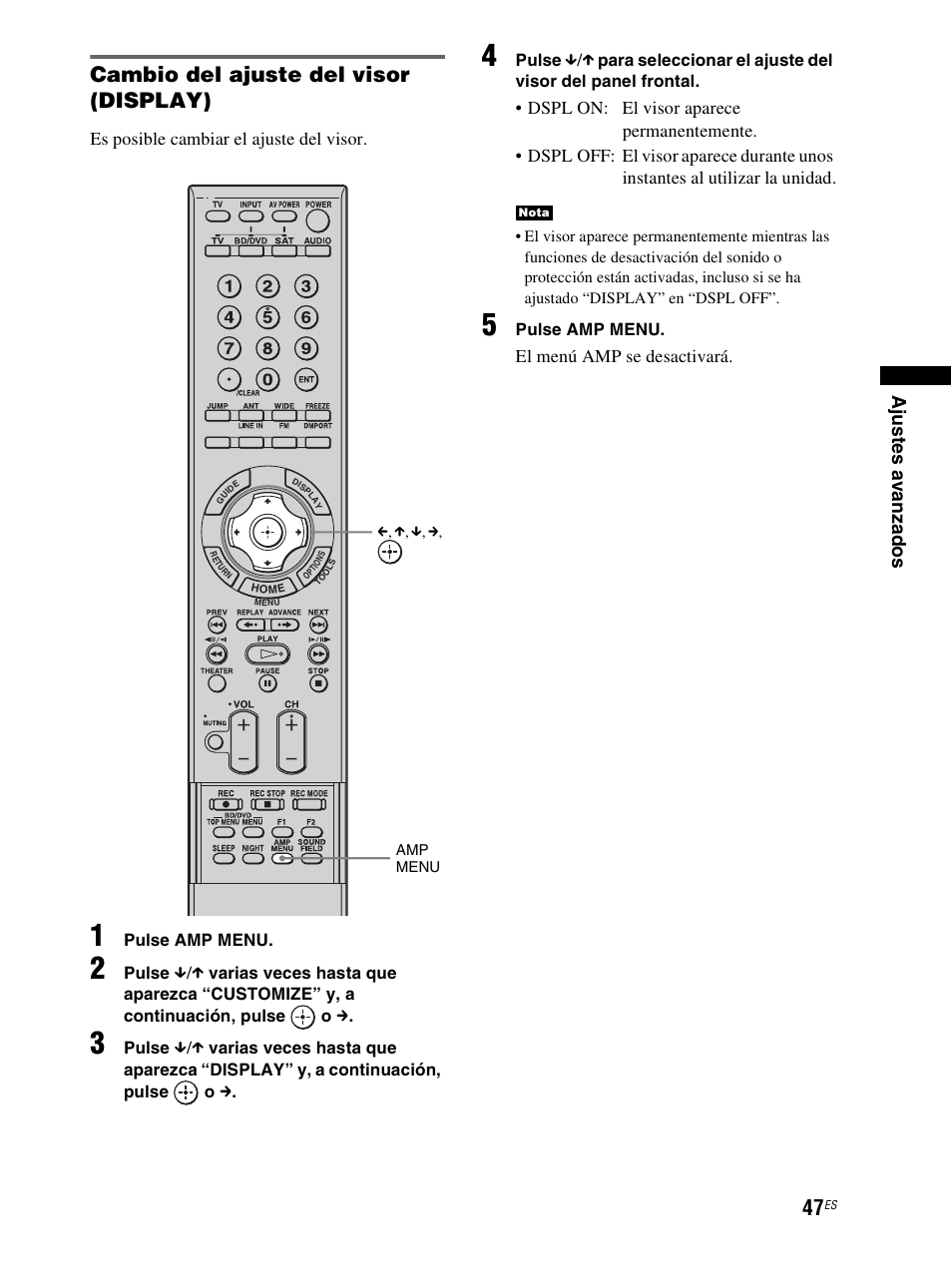 Cambio del ajuste del visor (display), Es posible cambiar el ajuste del visor, El menú amp se desactivará | Sony RHT-S10 User Manual | Page 155 / 164