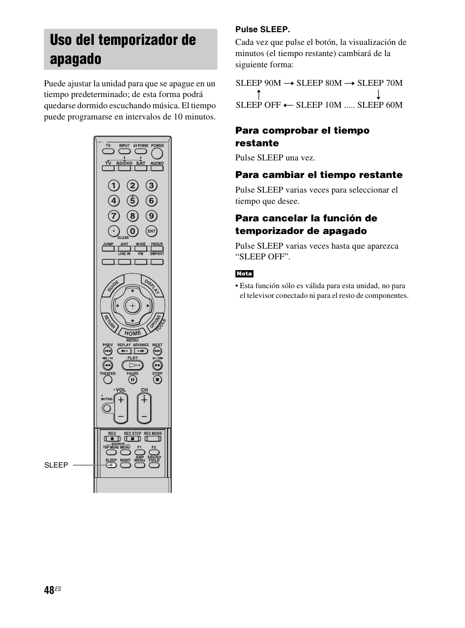 Uso del temporizador de apagado, P (48), Para comprobar el tiempo restante | Para cambiar el tiempo restante, Pulse sleep una vez, Pulse sleep | Sony RHT-S10 User Manual | Page 156 / 164