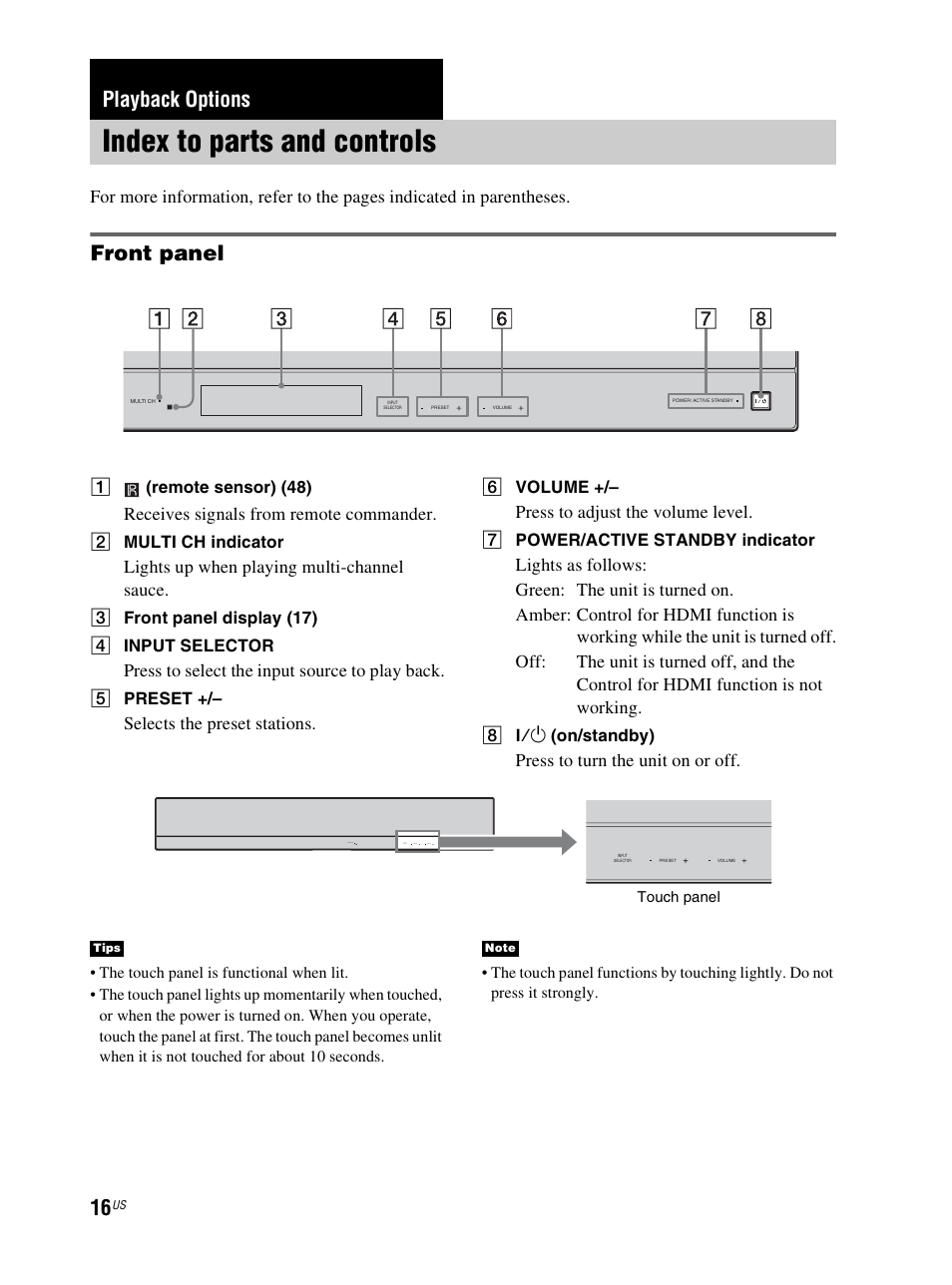 Playback options, Index to parts and controls, Front panel | Receives signals from remote commander, Lights up when playing multi-channel sauce, Press to select the input source to play back, Selects the preset stations, Press to adjust the volume level, Press to turn the unit on or off | Sony RHT-S10 User Manual | Page 16 / 164