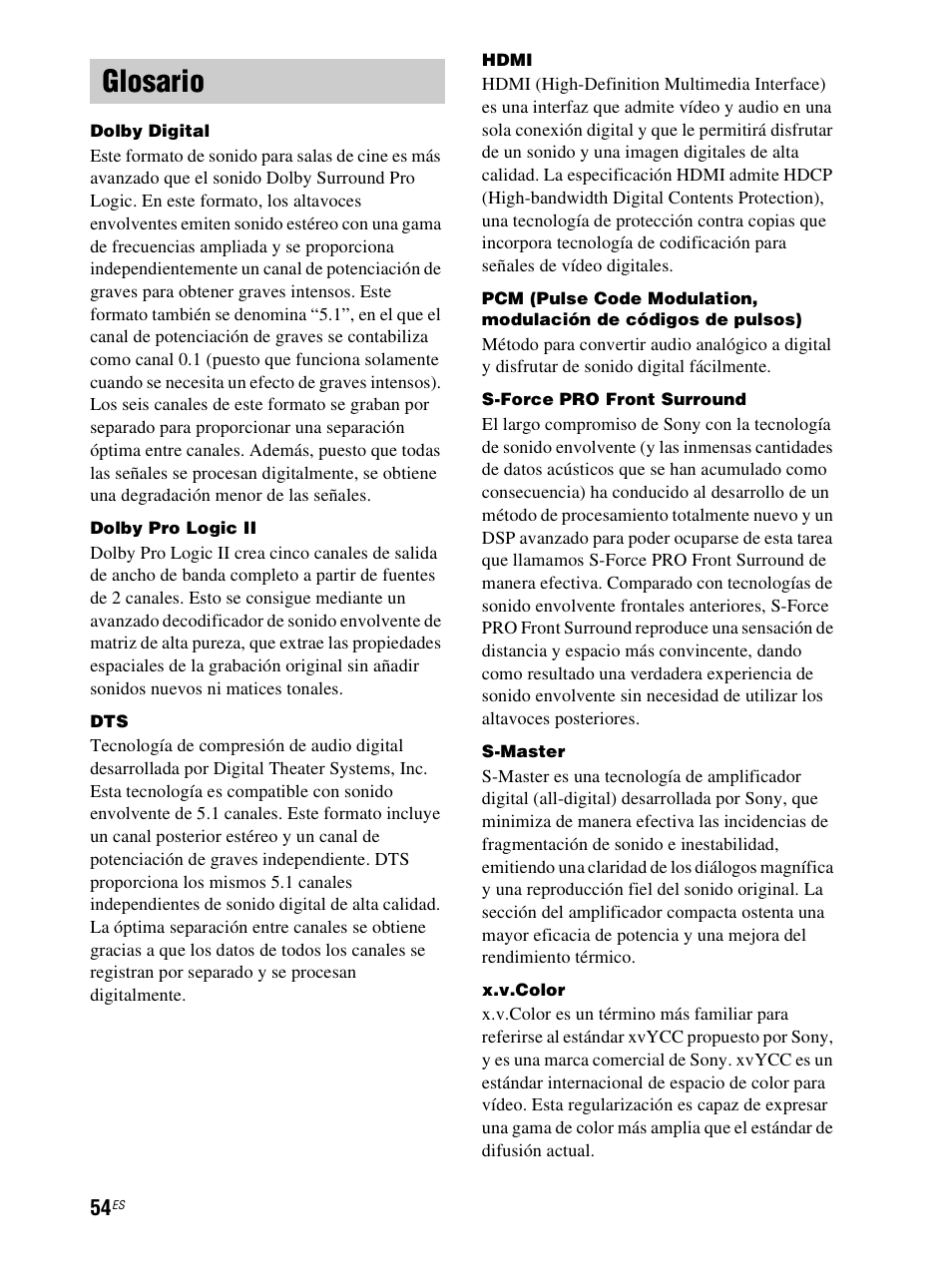 Glosario | Sony RHT-S10 User Manual | Page 162 / 164