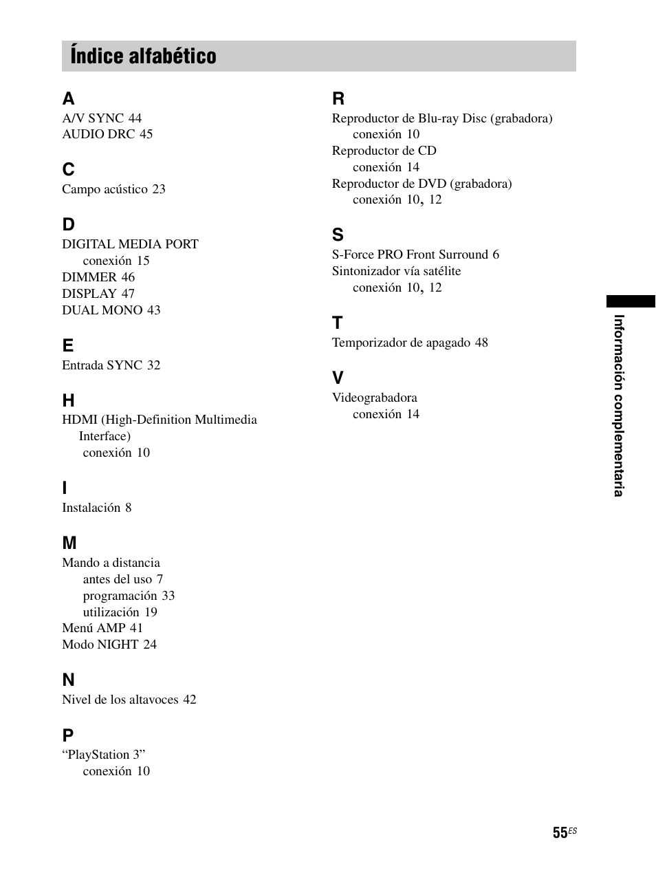 Índice alfabético | Sony RHT-S10 User Manual | Page 163 / 164