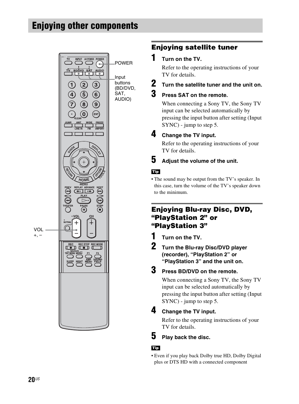 Enjoying other components, Enjoying satellite tuner | Sony RHT-S10 User Manual | Page 20 / 164