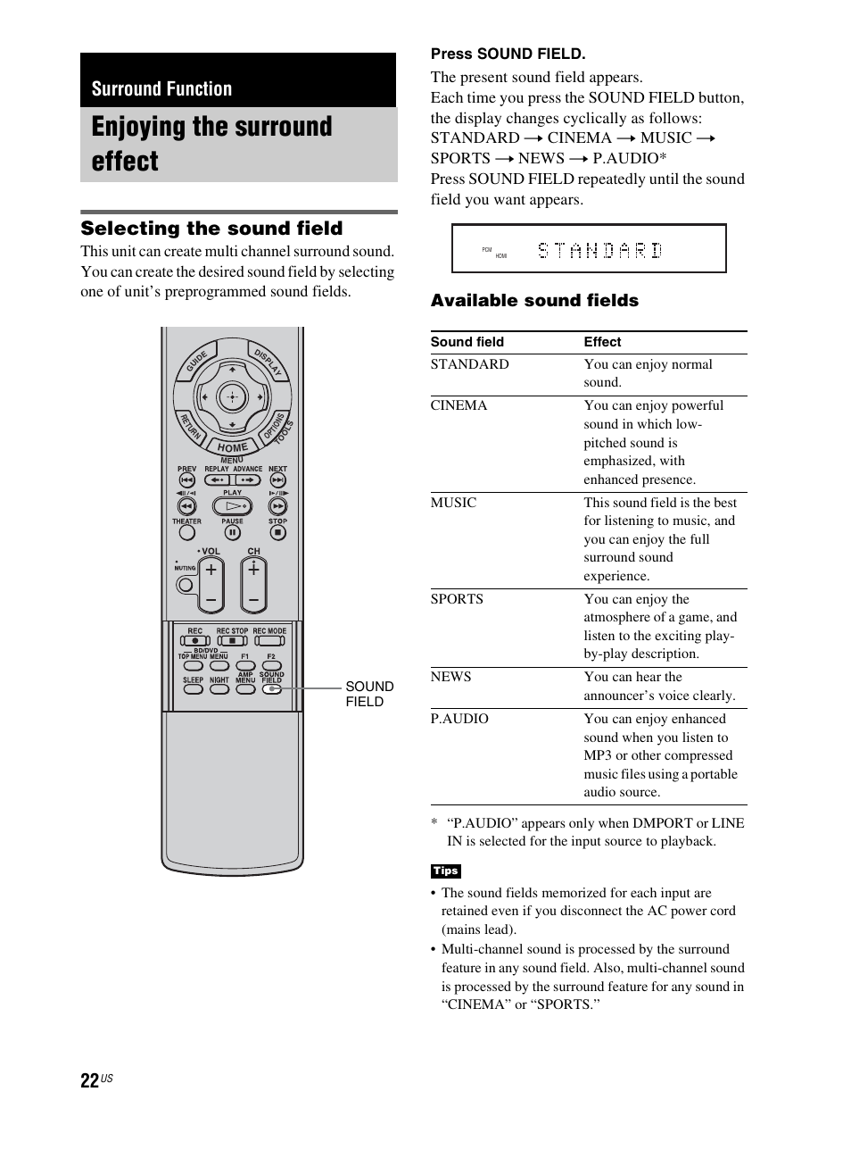 Surround function, Enjoying the surround effect, Selecting the sound field | Available sound fields, Press sound field | Sony RHT-S10 User Manual | Page 22 / 164