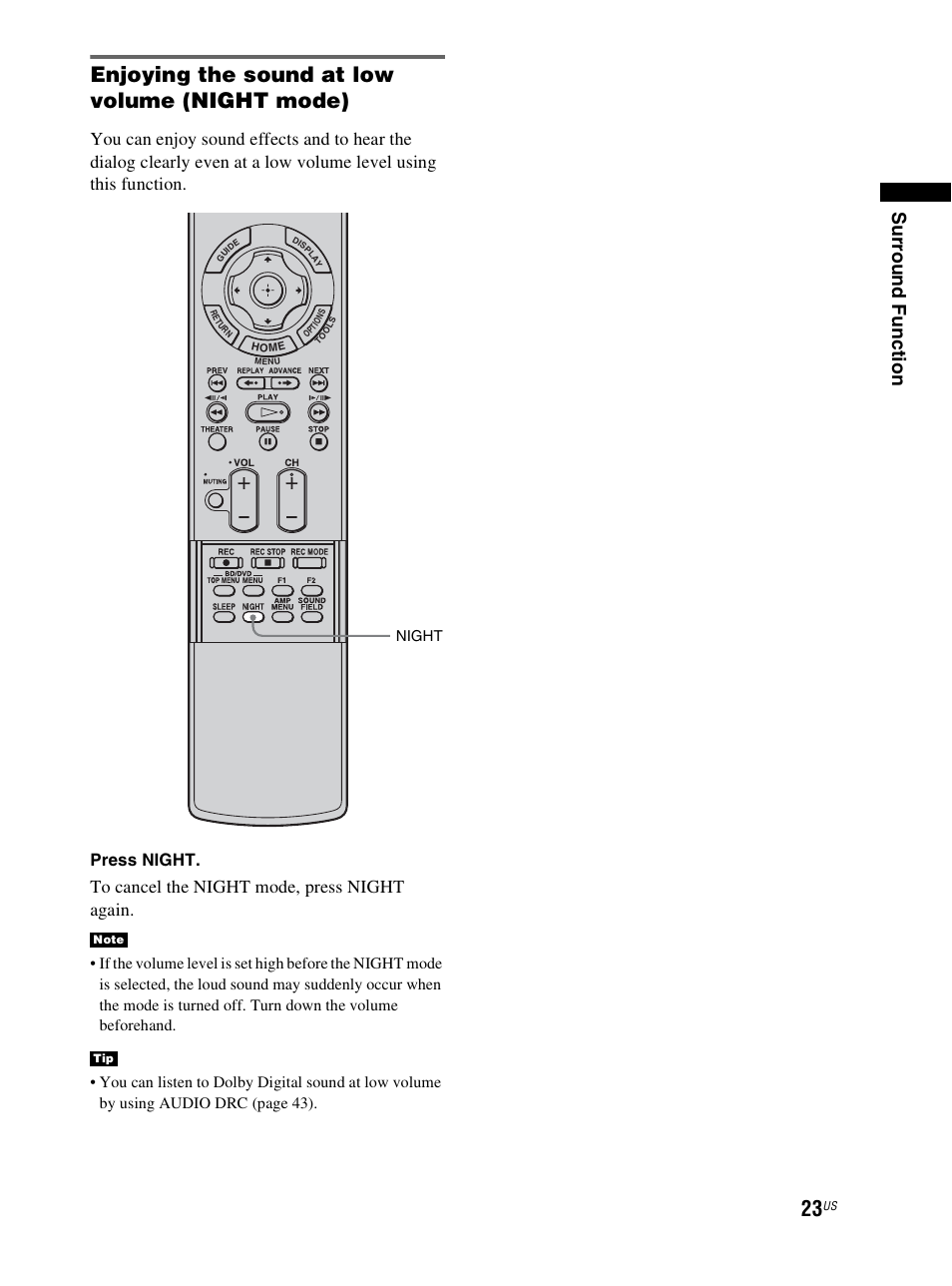 Enjoying the sound at low volume (night mode), Surr ou nd fu ncti on, Press night | Night | Sony RHT-S10 User Manual | Page 23 / 164