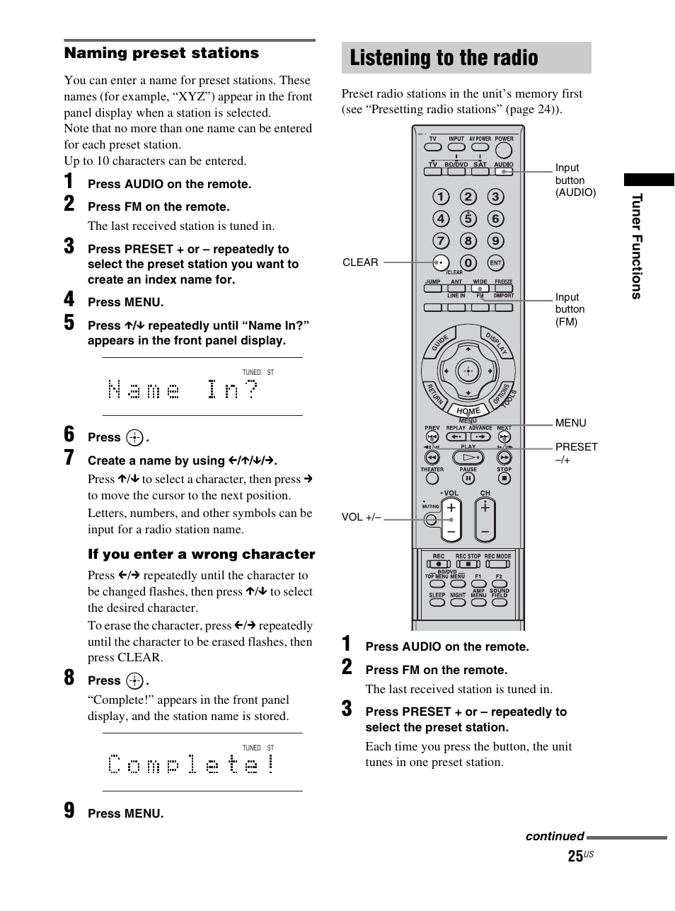 Listening to the radio, Naming preset stations | Sony RHT-S10 User Manual | Page 25 / 164