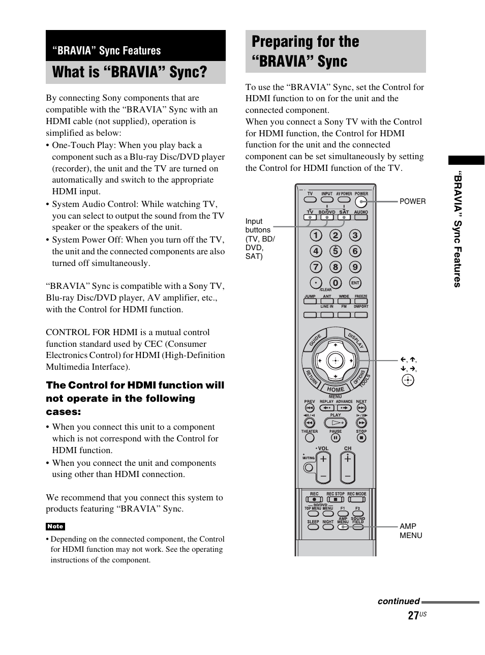 Bravia” sync features, What is “bravia” sync, Preparing for the “bravia” sync | Sony RHT-S10 User Manual | Page 27 / 164