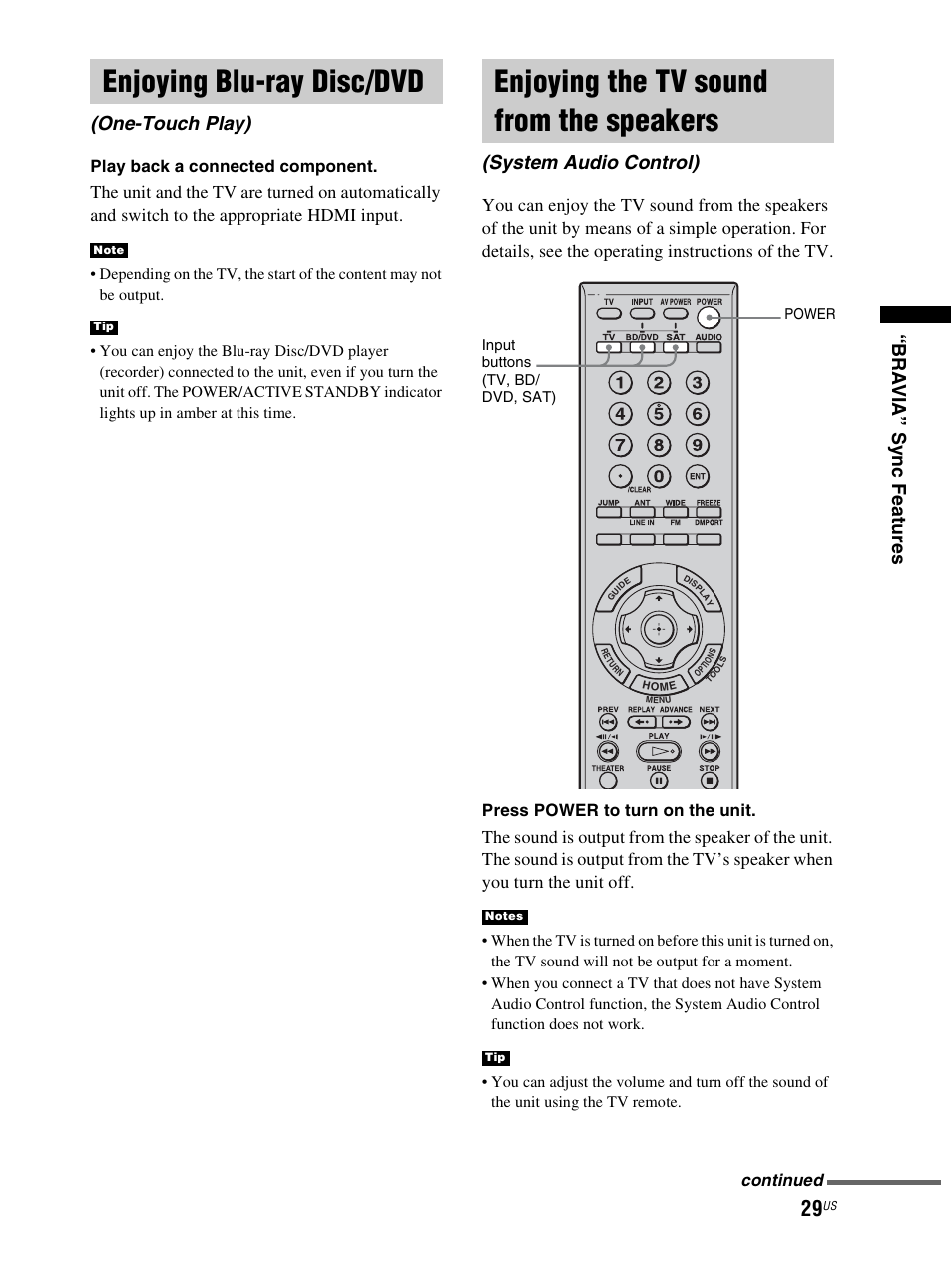 Enjoying blu-ray disc/dvd, Enjoying the tv sound from the speakers, One-touch play) | Enjoying the tv sound from the, Speakers (system audio control), System audio control), Play back a connected component, Press power to turn on the unit, Continued | Sony RHT-S10 User Manual | Page 29 / 164