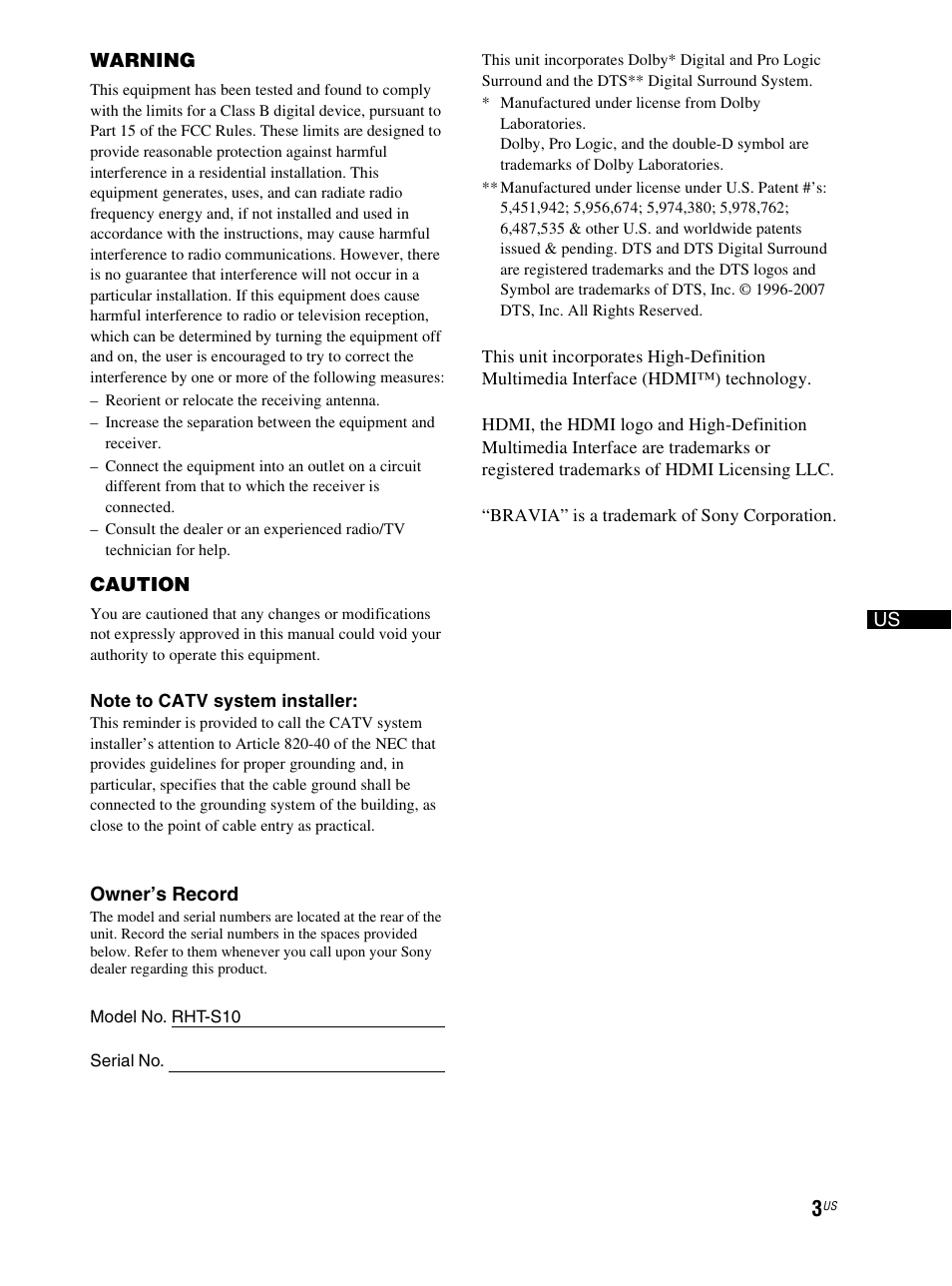 Sony RHT-S10 User Manual | Page 3 / 164