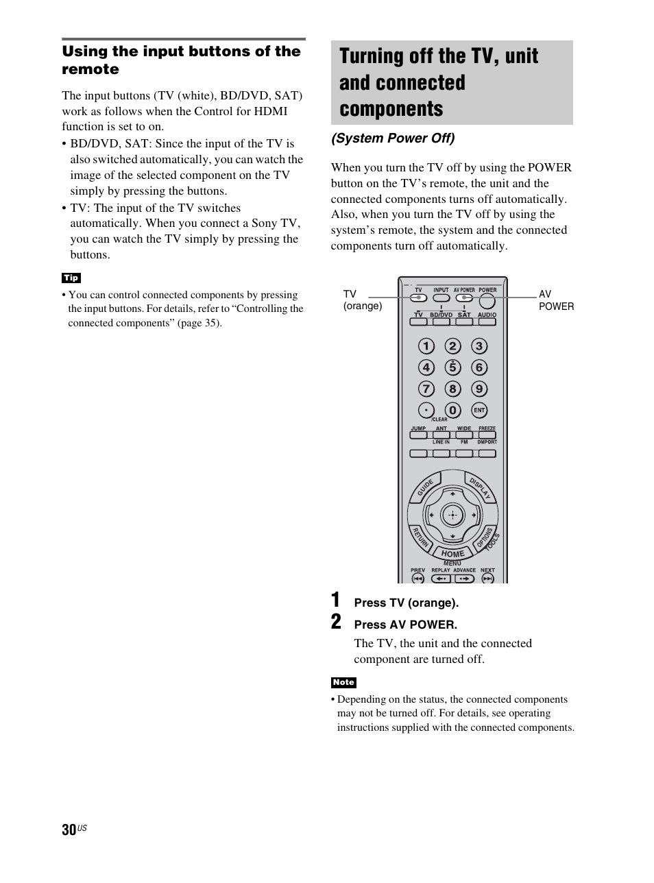 Turning off the tv, unit and connected components, Turning off the tv, unit and connected, Components (system power off) | Using the input buttons of the remote, System power off), Press tv (orange), Press av power | Sony RHT-S10 User Manual | Page 30 / 164