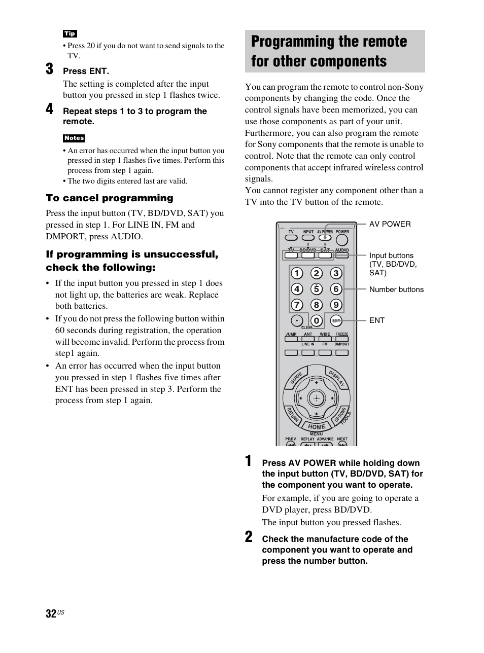 Programming the remote for other components, Programming the remote for other, Components | Sony RHT-S10 User Manual | Page 32 / 164