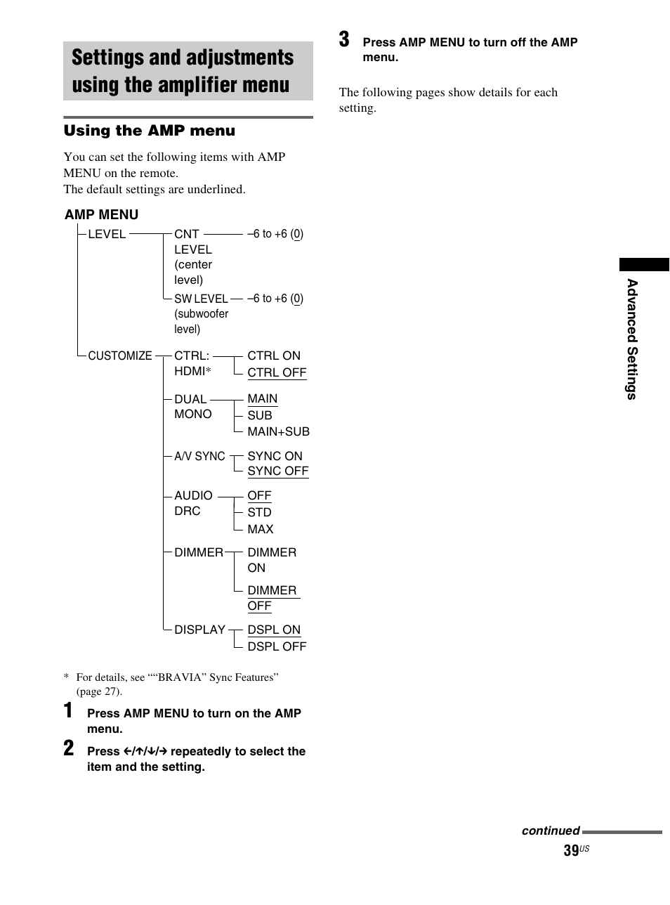Settings and adjustments using the amplifier menu, Settings and adjustments using the, Amplifier menu | Sony RHT-S10 User Manual | Page 39 / 164