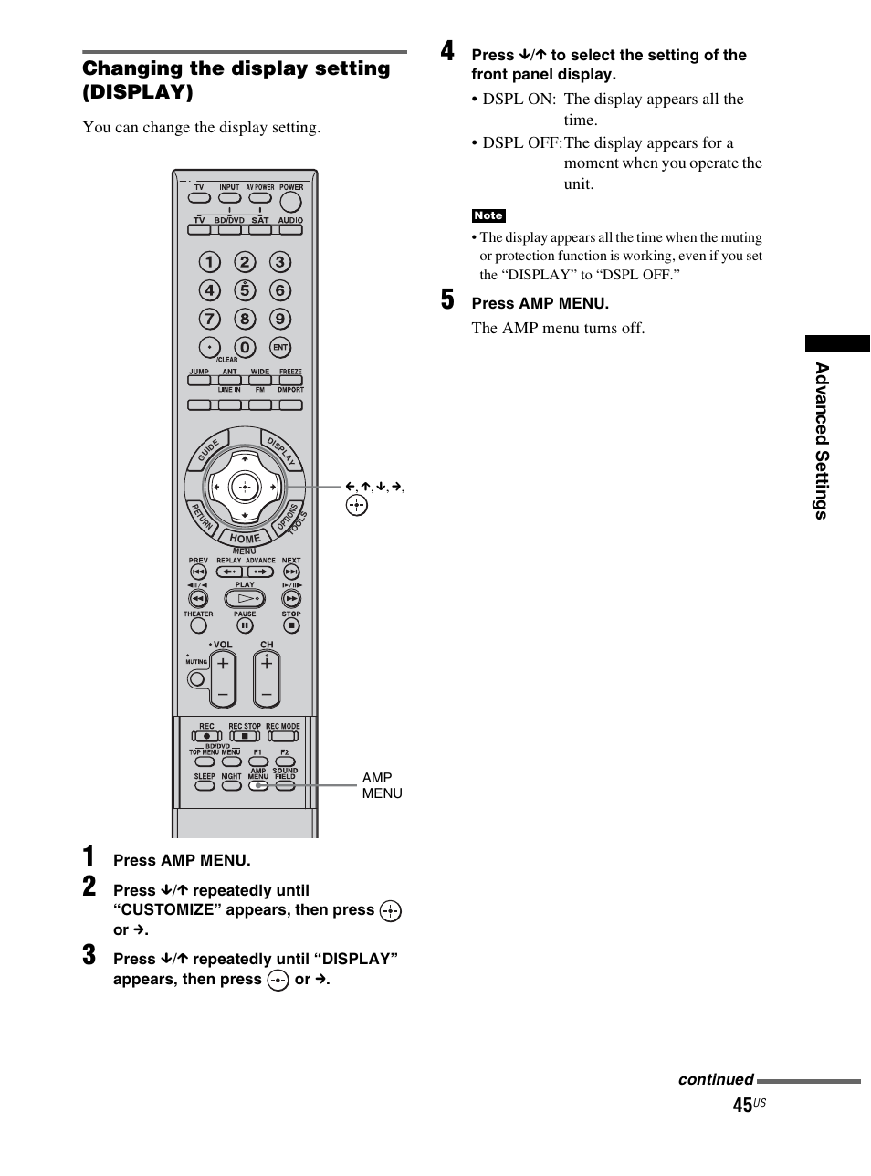 Changing the display setting (display) | Sony RHT-S10 User Manual | Page 45 / 164
