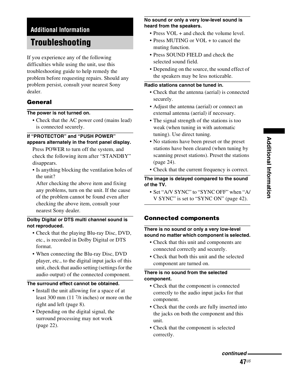 Additional information, Troubleshooting | Sony RHT-S10 User Manual | Page 47 / 164